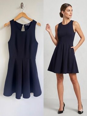 Kendall + Kylie Navy Ribbed Skater Dress Open Back Fit & Flare Mini Pocket M